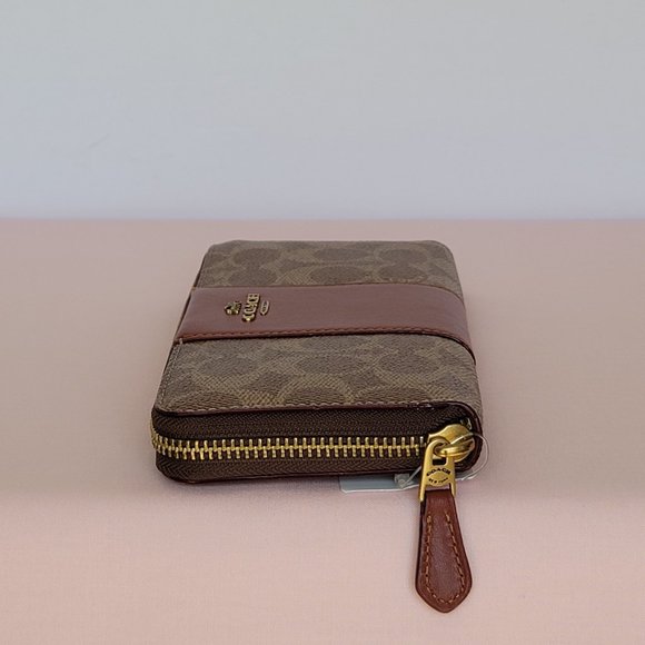 COACH Signature Logo Coated Canvas & Leather Slim Accordion Zip Wallet- Tan Rust - Picture 11 of 16